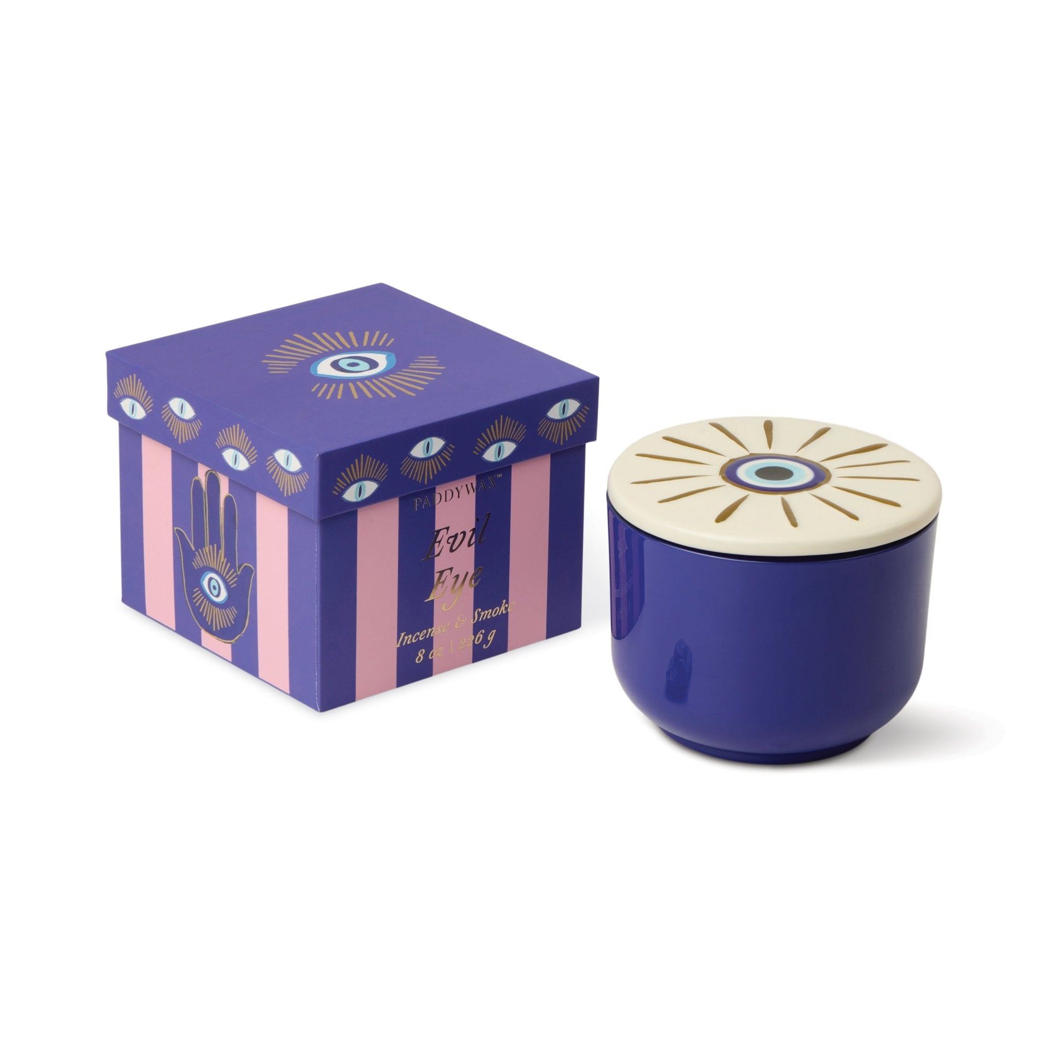 Charmed Candle with Evil Eye Lid in Incense & Smoke 8oz - Twirls + Twigs