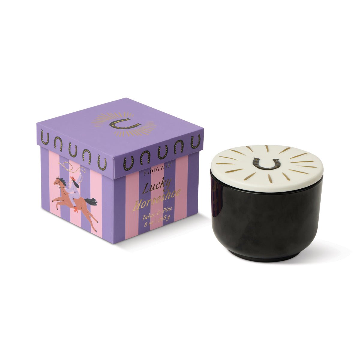 Charmed Black Glass Candle with Horseshoe Lid - Tabac & Pine 8oz - Twirls + Twigs