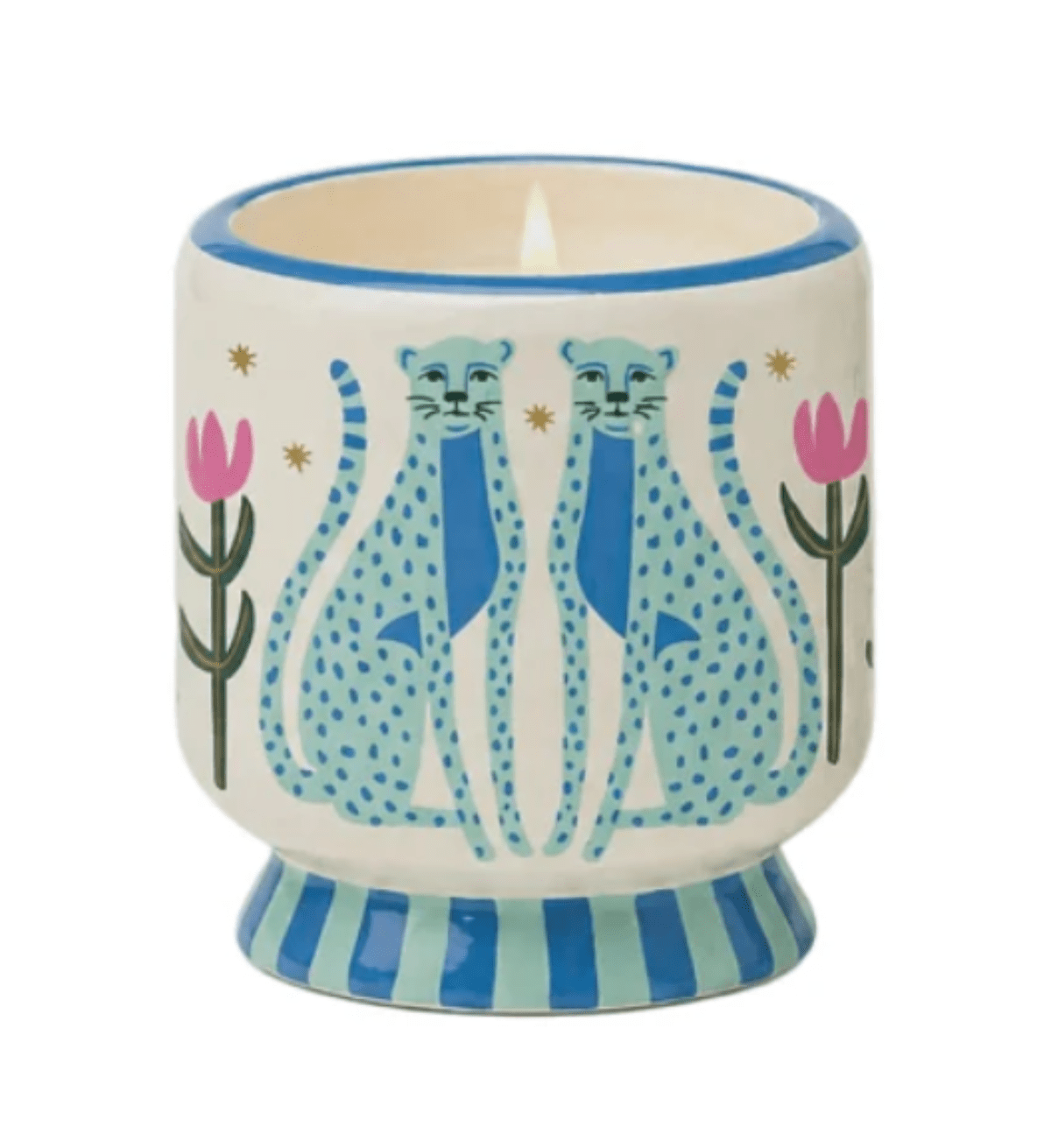 A DOPO 8 oz HANDPAINTED “BLUE CHEETAHS” CERAMIC W/ DUSTCOVER LINEN & ORRIS - Twirls + Twigs