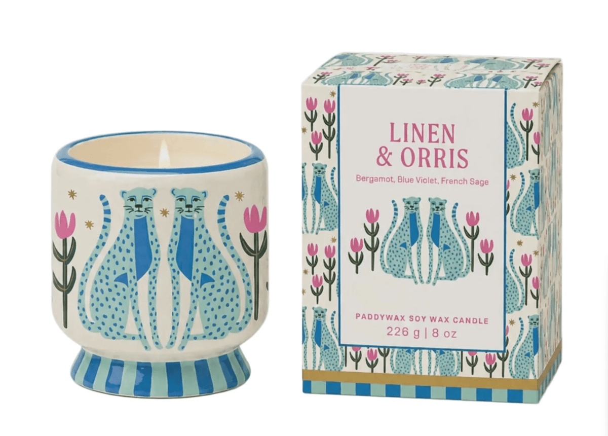 A DOPO 8 oz HANDPAINTED “BLUE CHEETAHS” CERAMIC W/ DUSTCOVER LINEN & ORRIS - Twirls + Twigs