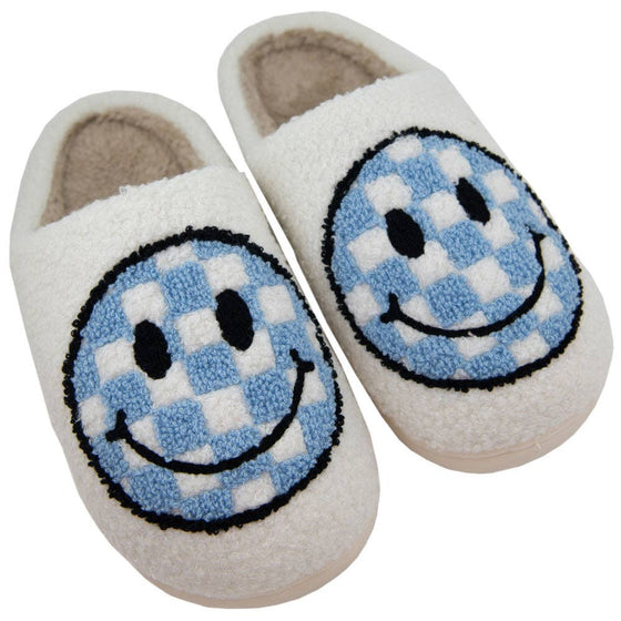 Light Blue Checkered Pattern Happy  Slippers: White / L/XL