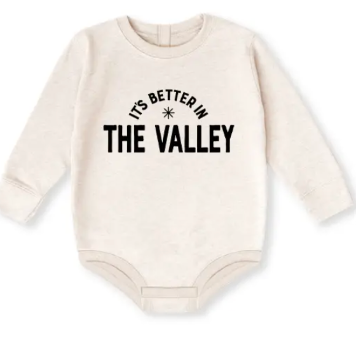 Baby bodysuit with 'It's Better in the Valley' text on a white background