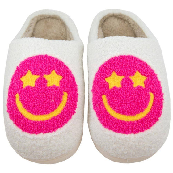 Hot Pink Star Eyed Happy Face Slippers: White/ pink