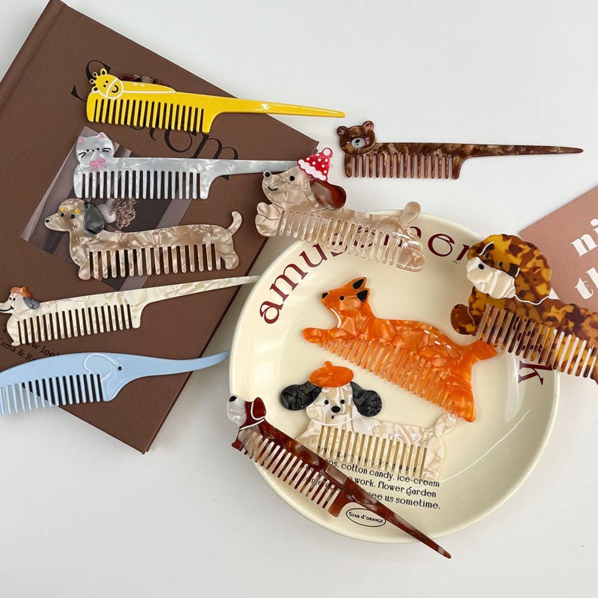 Whimsical Animal Acetate Combs，Vegetable Portable Hair Tools: Puppy - Twirls + Twigs