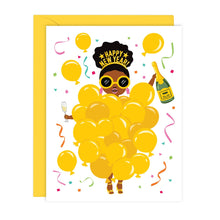  Balloon Girl Happy New Year Card - cute, funny & inclusive